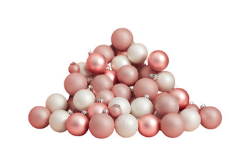 Pile of Pink and White Christmas Ornaments Creates a Festive Holiday Scene against White Background