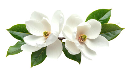 Obraz premium Two white magnolias bloom with large green leaves on black