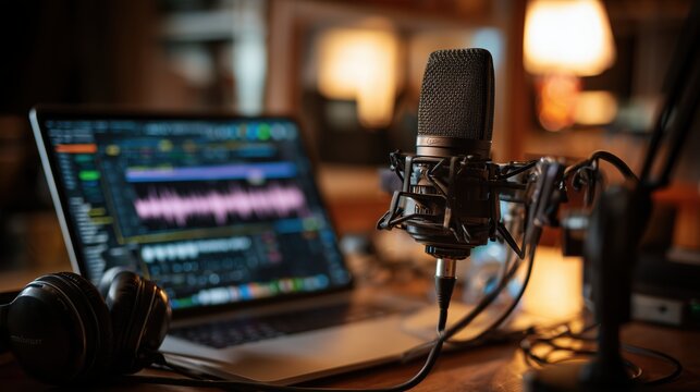 Professional microphone and headphones on desk with audio editing software on laptop in cozy studio environment