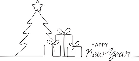 Obraz premium Minimal Continuous Line Drawing of Christmas Tree and Gifts with Happy New Year Text.