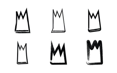 Collection of six hand drawn black and white crowns in a simple sketchy style on a white background