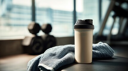 Protein shake bottle on gym bench with towel and weights in modern fitness center