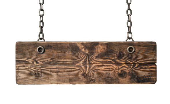 wooden sign hanging on chains, isolated on white background.