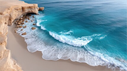 Rugged Coastal Cliffs Meet Turquoise Ocean Waves Crashing onto Sandy Beach with Sunlight Sparkling on Water