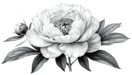 Grayscale peony blossom with bud and surrounding foliage