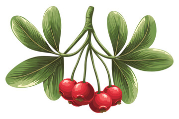 Detailed botanical illustration of a branch with vibrant red berries and lush green leaves