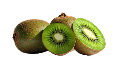 Kiwi fruit group; one sliced, revealing green interior