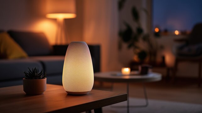 Stylish table lamp illuminating cozy living room with warm ambiance and indoor plants