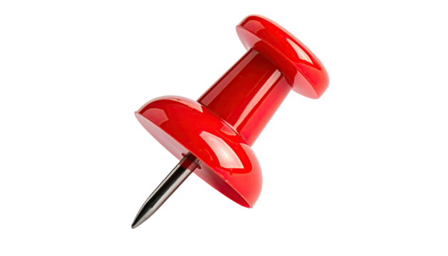 Glossy red pushpin angled on a black background