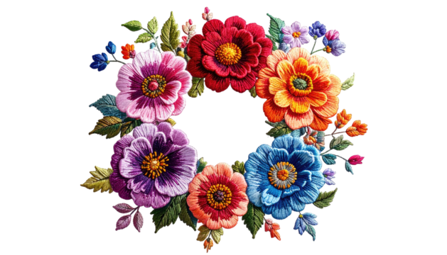 Colorful floral wreath with various blooms, against black