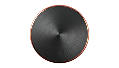 Shiny black metal circle with copper trim, centered on black