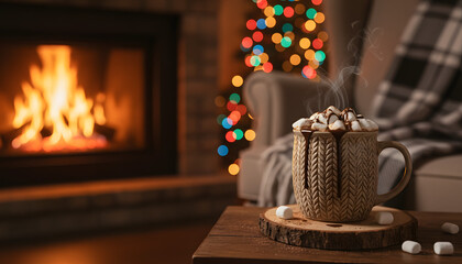 Hot Chocolate Mug by Fireplace in Winter