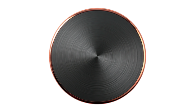 Shiny black metal circle with copper trim, centered on black