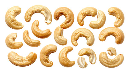 Several tan cashew halves scattered on solid black background