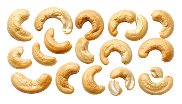 Several tan cashew halves scattered on solid black background