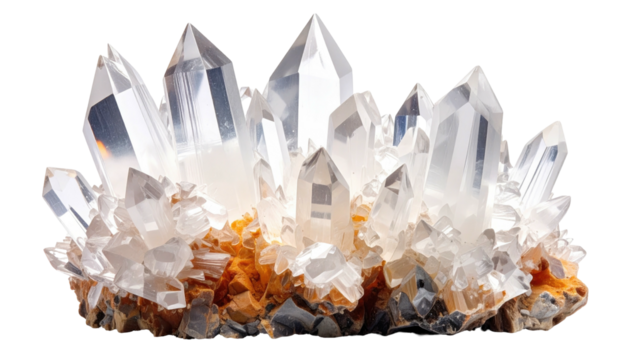Quartz crystals cluster, varying sizes, sharp points, earthy base