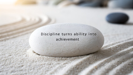 Motivational quote on zen stone about discipline and achievement