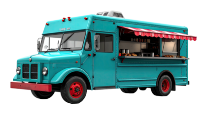 Teal food truck with red awning and black background