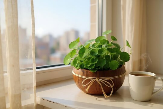 Green plant in wooden pot with coffee cup potted plant