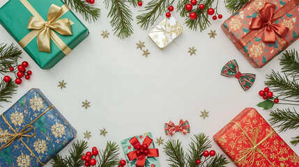 Festive gift boxes with classic wrapping and seasonal decorations creates a magical Christmas spirit perfect for holiday promotions and joyful campaigns