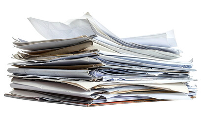 Piled stack of scattered, crumpled, white paper documents