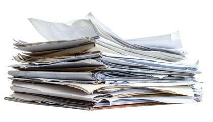 Piled stack of scattered, crumpled, white paper documents