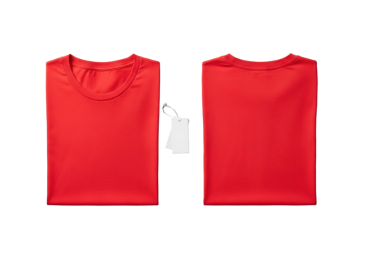 Two folded vibrant red short-sleeve crew neck t-shirts (front/back) with a blank tag, soft cotton texture, flat lay on transparent background, top-down view. E-commerce product display concept