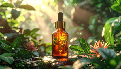 Natural skincare bottle on mossy wood with lush green foliage background.