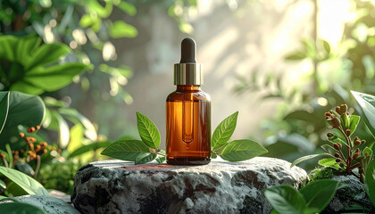 Natural skincare bottle on mossy wood with lush green foliage background.