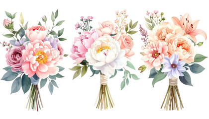 Three watercolor floral bouquets tied with raffia on black