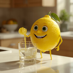 Zesty lemon character smiling while pouring refreshing lemonade into glass with ice cubes, embodying summer fun and healthy hydration on bright kitchen counter
