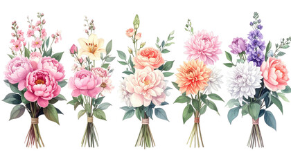 Five small, elegant flower bouquets