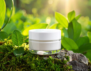 Natural skincare bottle on mossy wood with lush green foliage background.
