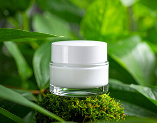 Natural skincare bottle on mossy wood with lush green foliage background.