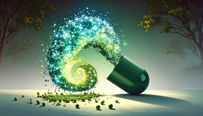 Vibrant capsule surrounded by swirling light