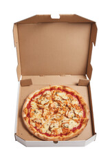 pizza in cardboard box on white background