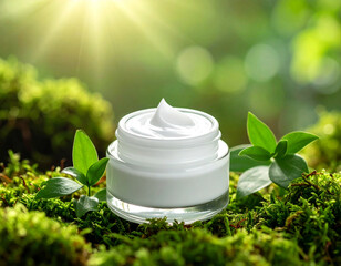 Natural skincare bottle on mossy wood with lush green foliage background.