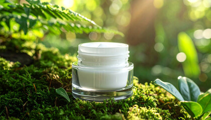 Natural skincare bottle on mossy wood with lush green foliage background.