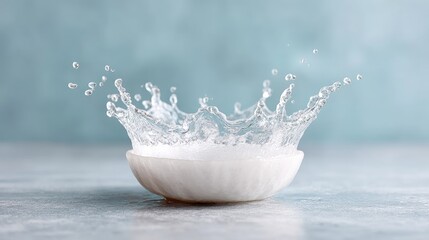 High-speed Photograph Captures a Dynamic Water Splash Frozen Mid-air Above a White Surface Against a Textured Blue Background