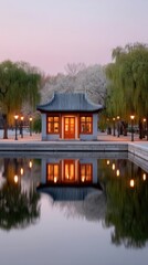 Historic Chinese Pavilion Glows at Dusk Reflecting in Calm Water with Soft Twilight Sky and Lined Trees