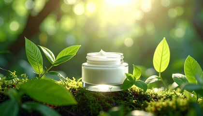 Natural skincare bottle on mossy wood with lush green foliage background.