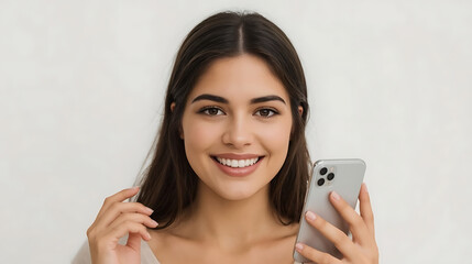 Cheerful young woman smiles while engaging with her smartphone, connecting with friends and exploring social media with a bright, positive attitude