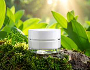 Natural skincare bottle on mossy wood with lush green foliage background.