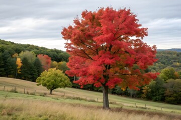 A vivid red-orange tree stands alone on a hill beneath a dramatic sky, surrounded by a carpet of fallen autumn leaves. The scene radiates seasonal beauty and quiet strength.