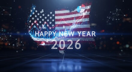 Happy new year greeting with american flag and financial data overlayed