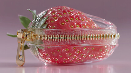 Neon glowing strawberry with zipper in pastel colors whimsical fruit concept fantasy food design creative kitchen art surreal fruit generated ai