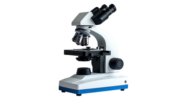 White, laboratory microscope in dark, shadowy setting