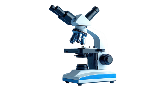Lab tool white microscope with dual eyepieces, dark background - Powered by Adobe