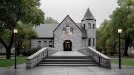 Historic stone building with grand entrance stairs and flanking trees under overcast sky and light snowfall