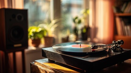 Obraz premium Turntable spinning vinyl record in cozy living room bathed in natural light